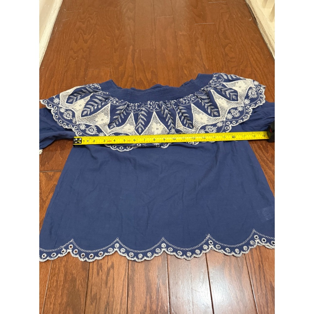 Blue Off Shoulder Eyelet Embroidery Ruffle Cotton Boho Blouse Top  M - Picture 4 of 6
